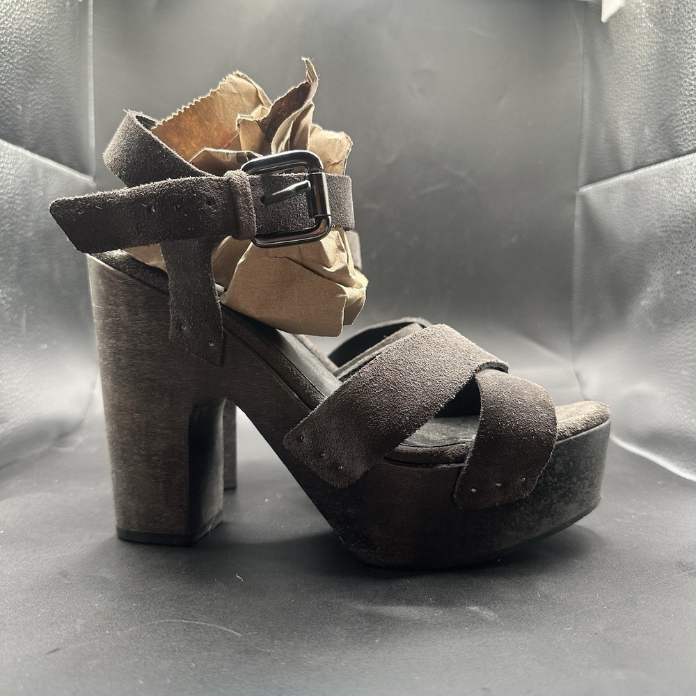 AllSaints Platform Heels Gray Suede Leather Wooden Strappy Distressed 38 Sz 7.5
